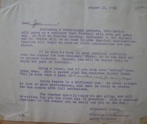 Letter to players from Coach Arlanson, 11 August 1952