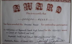 Boosters award to Joseph Kelly, 11 April 1973
